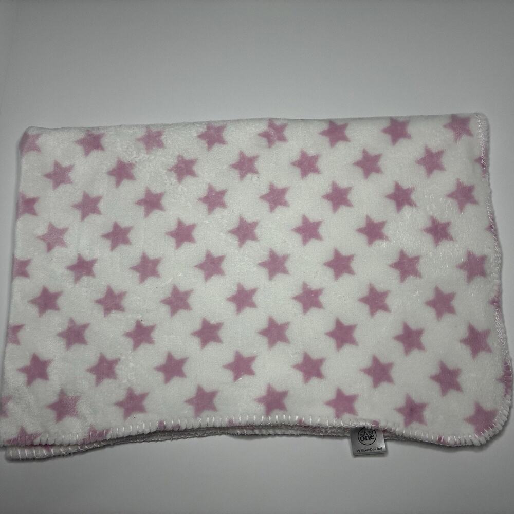 Silver One White Pink Stars Baby Blanket Plush Fleece Stitch Trim